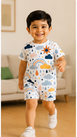 Rainbow Cloud Kids Co-Ord Set – Soft Cotton T-Shirt & Shorts with Weather Print