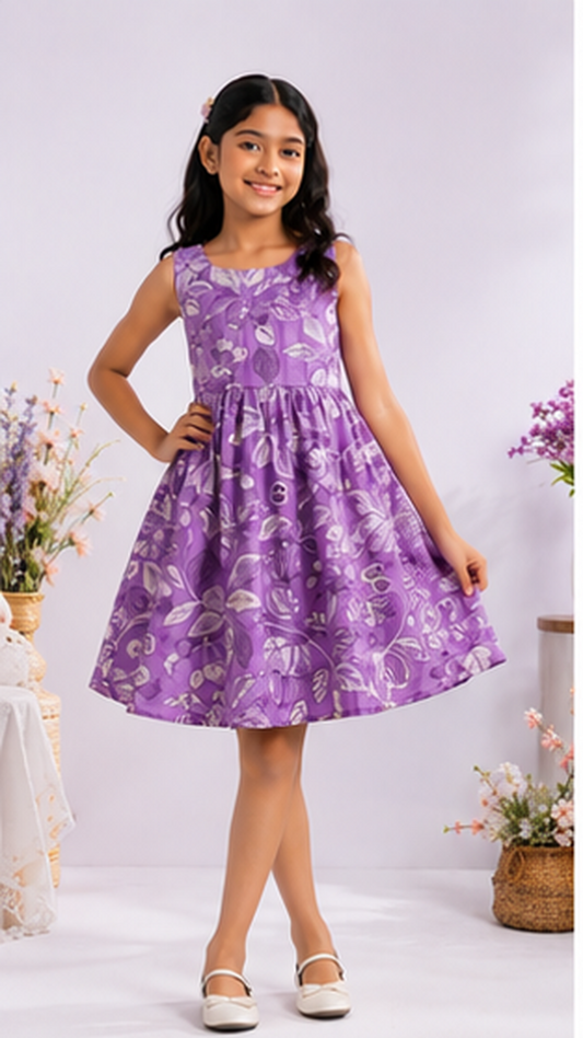 Girls Floral Fit & Flare Dress – Lavender Purple with Botanical Print