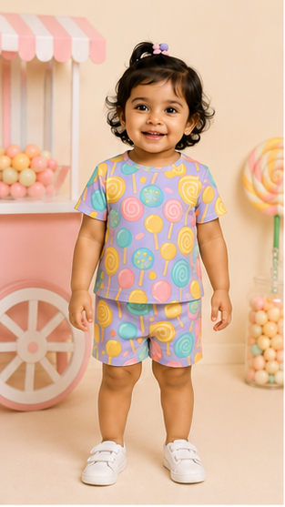 Candy Pop Kids Co-Ord Set – Lollipop Print Cotton T-Shirt & Shorts Set