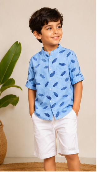Boys Sky Blue Feather Print Mandarin Collar Shirt (Full Sleeve)