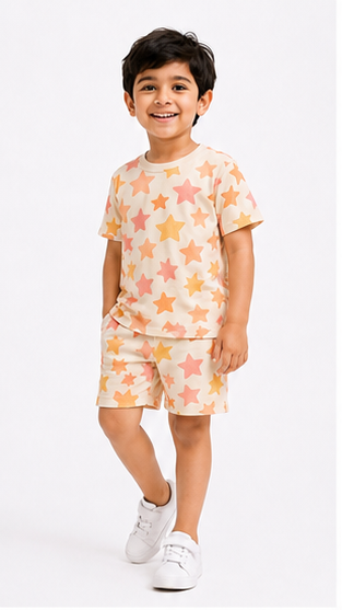 Pastel Star Print Kids Co-Ord Set – Soft Cotton T-Shirt & Shorts Summer Outfit for Boys & Girls
