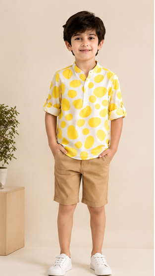 Boys White & Yellow Polka Dot Cotton Short Kurta Shirt – Trendy Summer Kidswear
