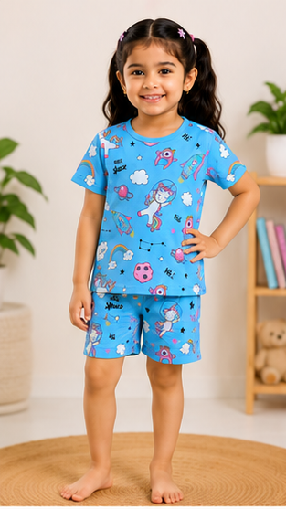 Unicorn Space Adventure Kids Co-Ord Set – Blue Cartoon Printed T-Shirt & Shorts for Girls