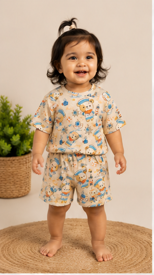 Cute Nautical Teddy Bear Kids Co-Ord Set – Sailor Theme Printed T-Shirt & Shorts for Girls