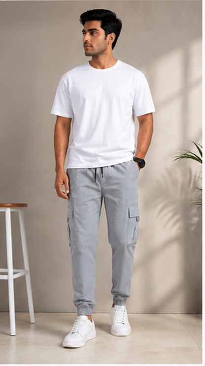 Light Grey Cargo Joggers for Men – Slim Fit Multi-Pocket Casual Streetwear Pants