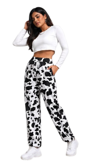 Women Black White Cow Print Pants – Stylish Wide Leg Casual Streetwear Trousers