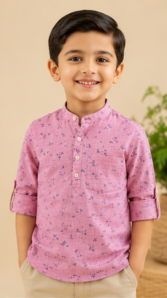 Boys Pink Floral Printed Mandarin Collar Cotton Shirt (Full Sleeve)