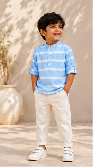 Boys Sky Blue Tie-Dye Striped Mandarin Collar Shirt (Full Sleeve)