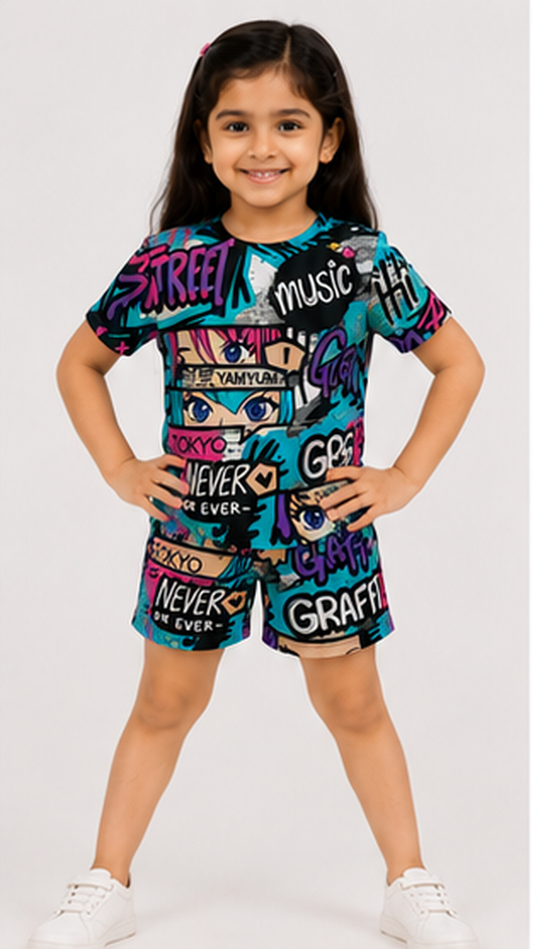 Urban Street Graffiti Print Kids Co-Ord Set – Trendy Graphic T-Shirt & Shorts for Girls