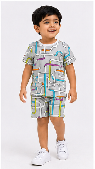 Geometric Line Print Kids Co-Ord Set – Cotton T-Shirt & Shorts Summer Outfit for Boys & Girls