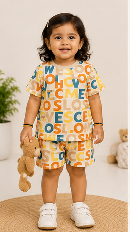 Beige Typography Kids Co-Ord Set – Colorful Alphabet Print T-Shirt & Shorts for Girls