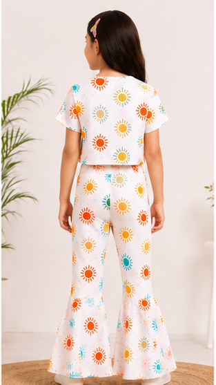 Girls Summer Sun Print Co-Ord Set | Kids Crop Top & Bell Bottom Pants Outfit | Trendy Casual Wear for Girls