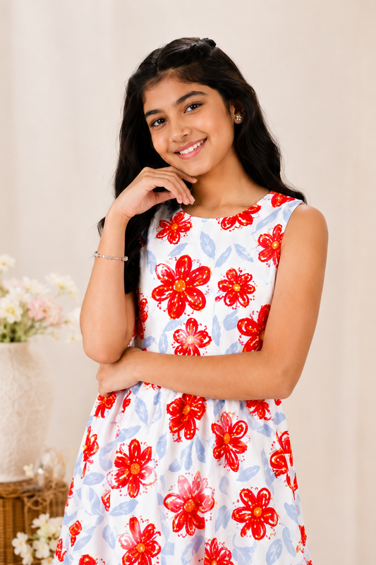 Girls Orange Floral Print Sleeveless Dress – Stylish Cotton Summer Frock for Kids