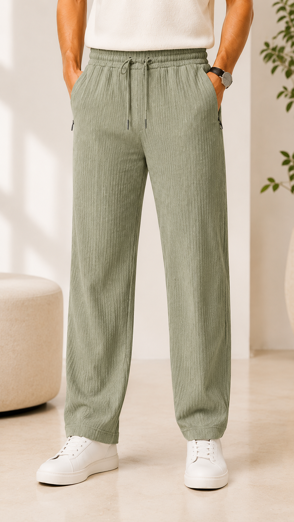 Pistachio Green Ribbed Track Pants for Men | Premium Relaxed Fit Textured Joggers with Zip Pockets