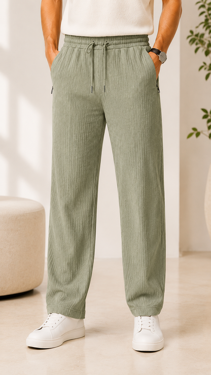 Pistachio Green Ribbed Track Pants for Men | Premium Relaxed Fit Textured Joggers with Zip Pockets