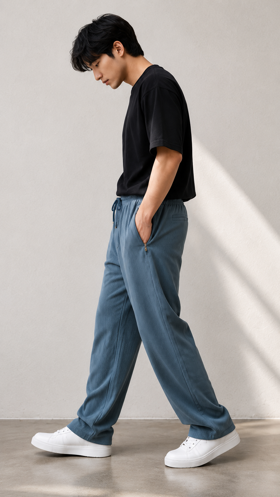 Horcun Men's Steel Blue Pleated Drawstring Trousers | Premium Relaxed Fit Pants
