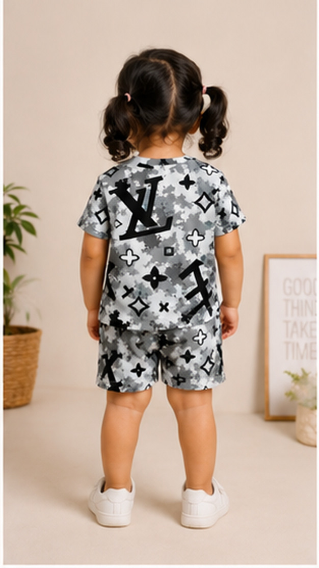 Grey Monogram Style Kids Co-Ord Set – Abstract Luxury Print T-Shirt & Shorts for Kids