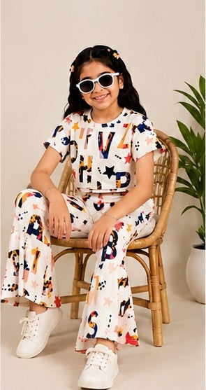 Girls Alphabet Print Co-Ord Set | Kids Crop Top & Bell Bottom Pants Outfit | Stylish Casual Wear for Girls