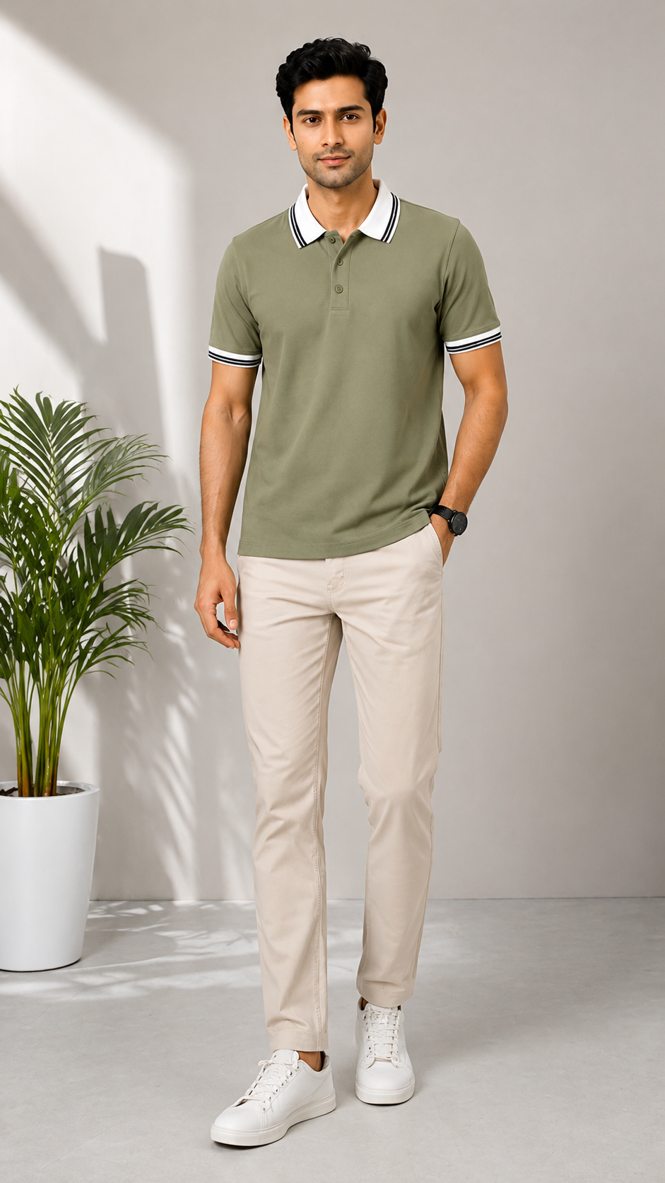Men’s Premium Sage Green Polo T-Shirt with White Contrast Collar & Sleeve Stripes
