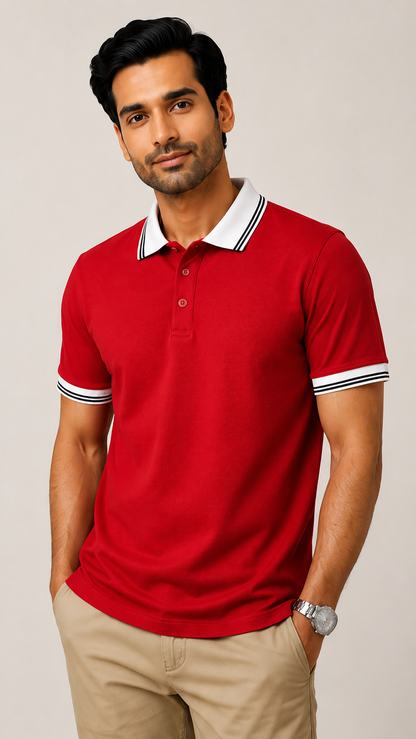 Men’s Premium Red Polo T-Shirt with White Contrast Collar & Sleeve Stripes
