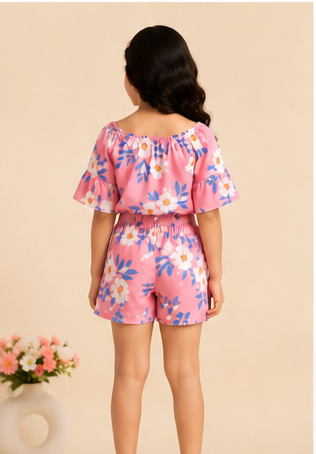Girls Pink Floral Off-Shoulder Co-Ord Set – Summer Printed Top & Shorts