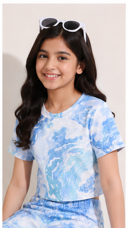 Girls Blue Tie Dye Co-Ord Set | Kids Crop Top & Bell Bottom Pants Outfit | Stylish Western Wear for Girls