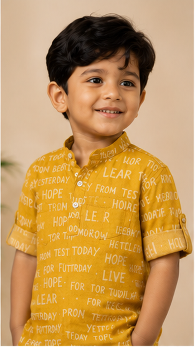 Boys Mustard Yellow Typography Print Mandarin Collar Shirt (Full Sleeve)