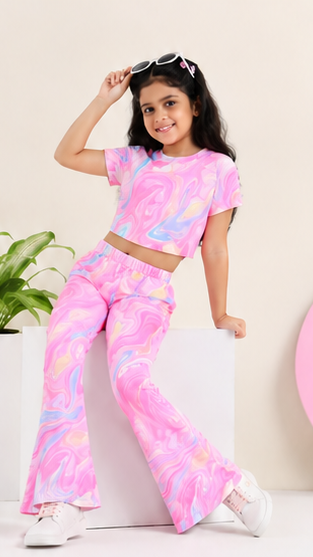 Girls Pink Marble Tie Dye Co-Ord Set | Kids Crop Top & Flared Pants Outfit | Trendy Western Wear for Girls