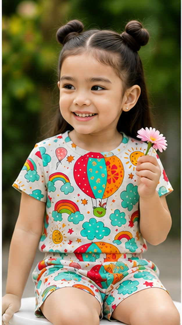 Rainbow Sky Balloon Print Kids Co-Ord Set – Cute Cloud & Sun Graphic T-Shirt & Shorts for Girls