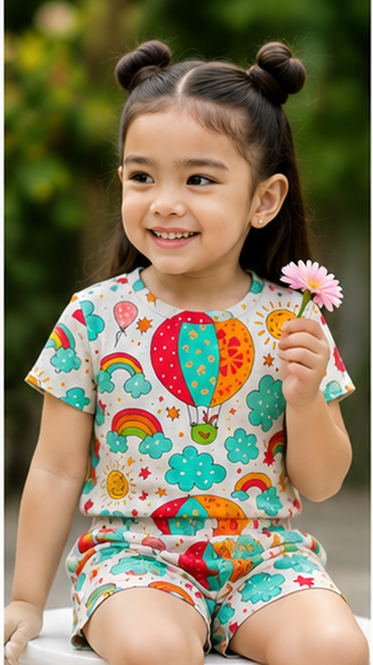 Rainbow Sky Balloon Print Kids Co-Ord Set – Cute Cloud & Sun Graphic T-Shirt & Shorts for Girls