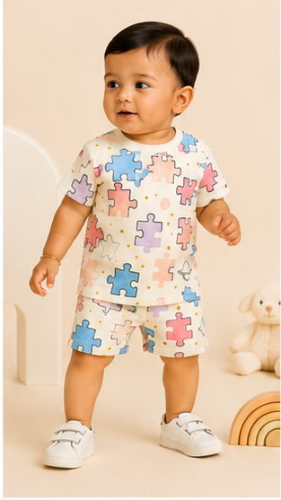 Kids Puzzle Print Co-ord Set – Cute Cotton T-Shirt & Shorts Set for Boys & Girls
