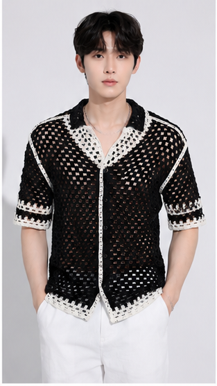Men's Black Open Mesh Crochet Shirt – Premium Handmade Resort Wear Knit Shirt