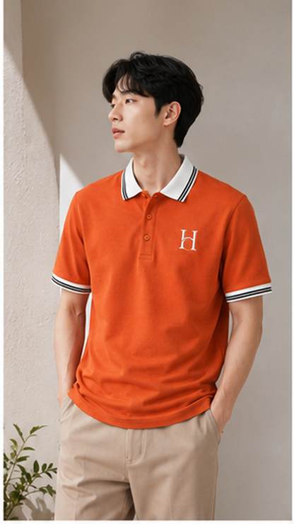 Men's Premium Burnt Orange Polo T-Shirt with White Contrast Collar | Smart Casual Half Sleeve Polo Tee