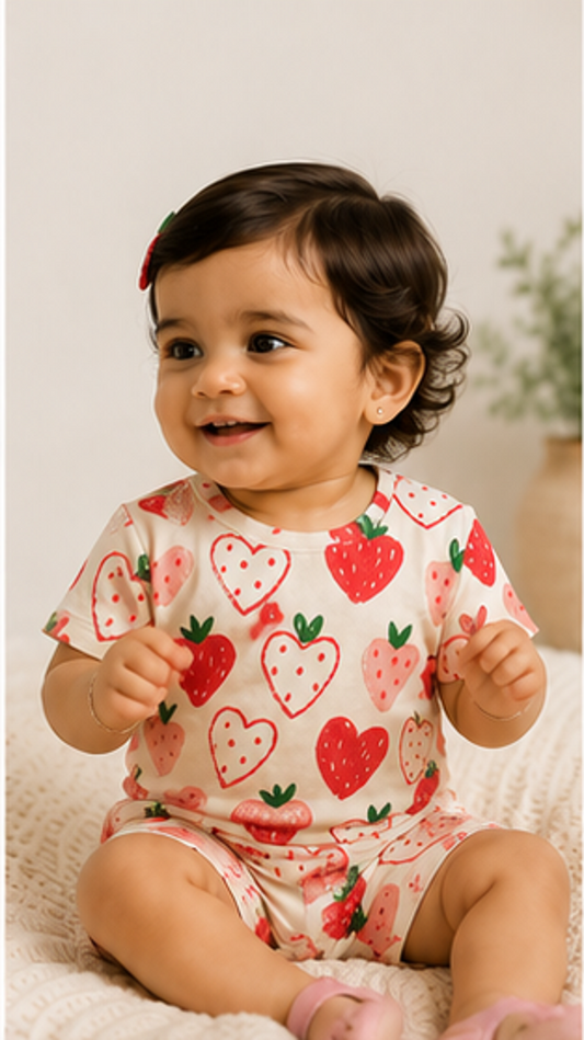 Strawberry Heart Print Kids Co-Ord Set – Cute Cotton T-Shirt & Shorts for Girls