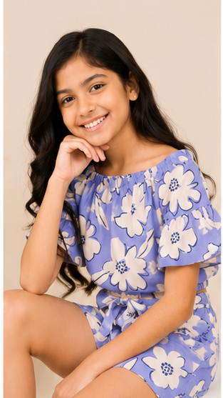 Girls Lavender Floral Off-Shoulder Co-ord Set with Tie-Up Shorts