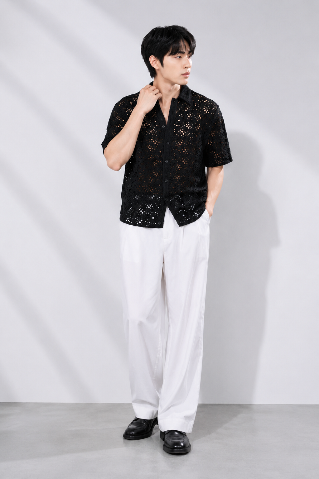 Men's Black Crochet Lace Knit Shirt – Premium Handmade Open Knit Resort Shirt
