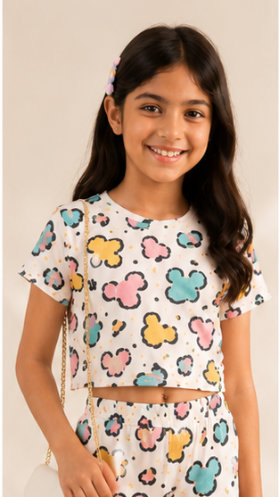 Girls Cartoon Print Co-Ord Set | Kids Crop Top & Bell Bottom Pants Outfit | Trendy Western Wear for Girls