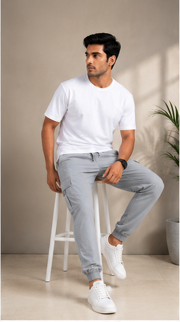 Light Grey Cargo Joggers for Men – Slim Fit Multi-Pocket Casual Streetwear Pants