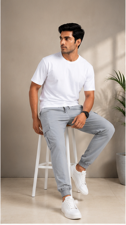 Light Grey Cargo Joggers for Men – Slim Fit Multi-Pocket Casual Streetwear Pants