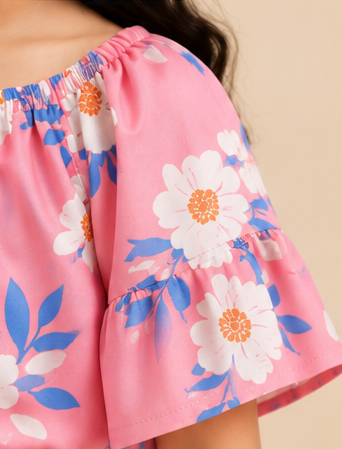 Girls Pink Floral Off-Shoulder Co-Ord Set – Summer Printed Top & Shorts