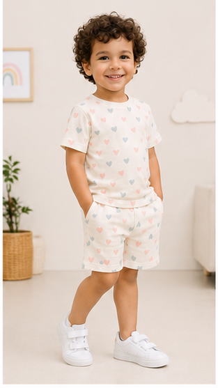 Pastel Heart Print Kids Co-Ord Set – Soft Cotton T-Shirt & Shorts Summer Outfit for Boys & Girls