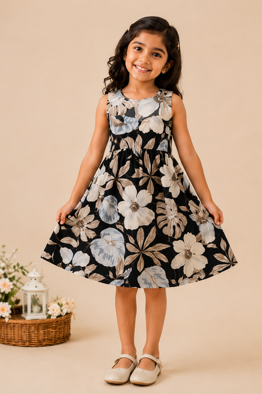 Girls Navy Blue & White Floral Print Fit & Flare Dress (Sleeveless)
