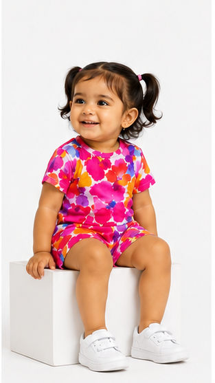 Vibrant Watercolor Floral Kids Co-Ord Set – Multicolor Abstract Flower Print T-Shirt & Shorts for Girls
