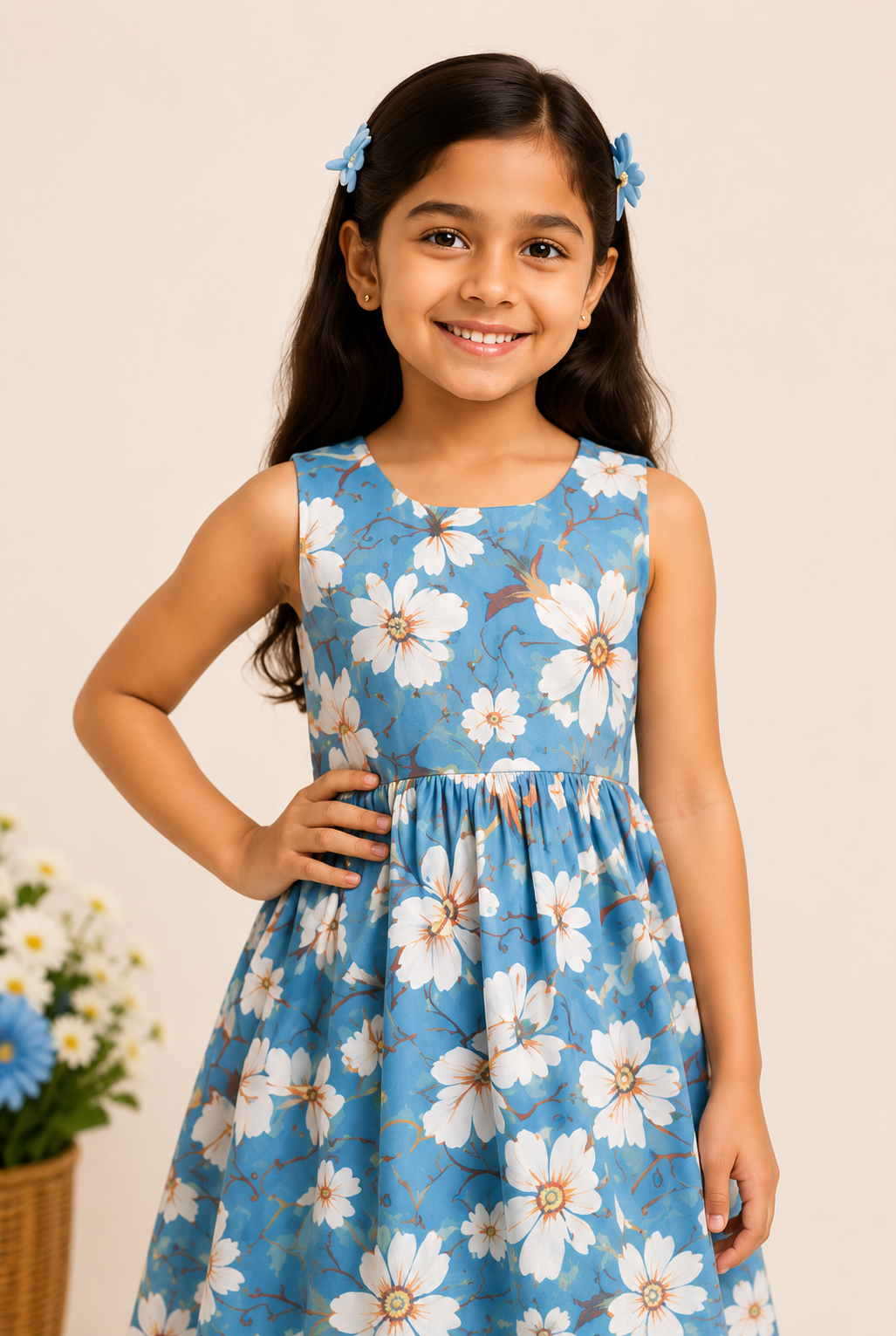 Girls Dusty Blue Floral Print Fit & Flare Dress (Sleeveless)