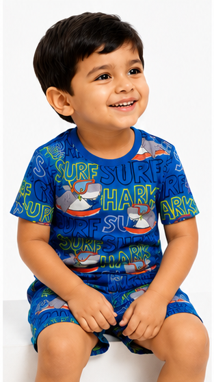 Boys Surf Shark Printed Co-ord Set – Beach Style Cotton T-Shirt & Shorts Set