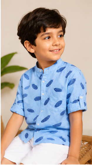Boys Sky Blue Feather Print Mandarin Collar Shirt (Full Sleeve)