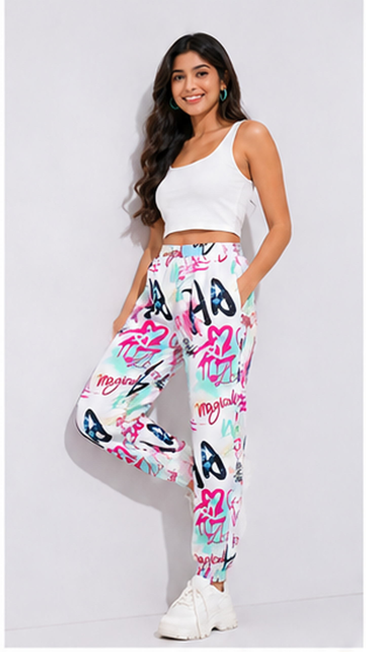 Women White Graffiti Printed Joggers – Stylish Casual Lounge & Streetwear Pants