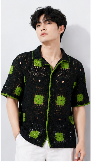 Men's Black & Olive Green Crochet Granny Square Shirt – Premium Handmade Resort Wear Knit Shirt