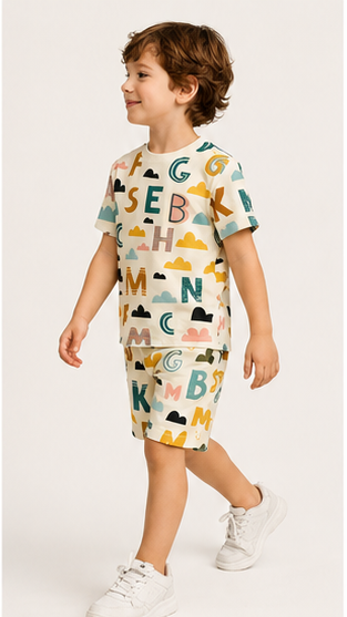 Kids Alphabet Print Co-ord Set – Educational Cotton T-Shirt & Shorts Set for Boys & Girls