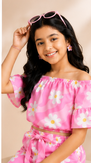 Girls Pink Daisy Floral Off-Shoulder Co-ord Set with Tie-Up Shorts